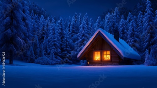 Cozy wooden cabin in a snowy forest at twilight with warm light glowing from the windows and tall pine trees surrounding it photo