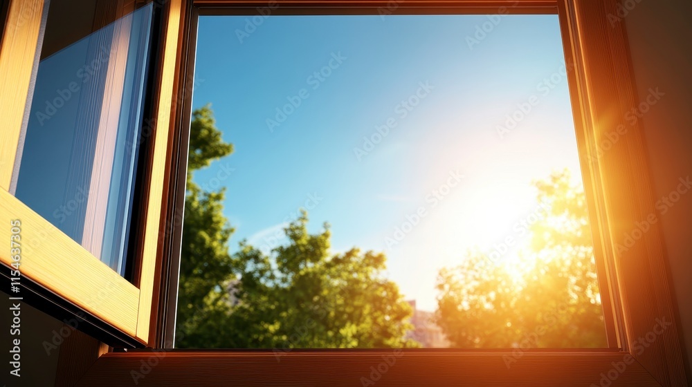 Bright morning sunlight streaming through an open window, illuminating lush green trees and a clear blue sky outside. Bright morning sunlight streaming through an open window, illuminating lush green trees and a clear blue sky outside.