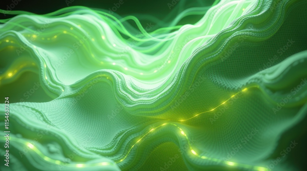 Obraz premium Abstract green waves with glowing elements, representing digital or technological concepts.