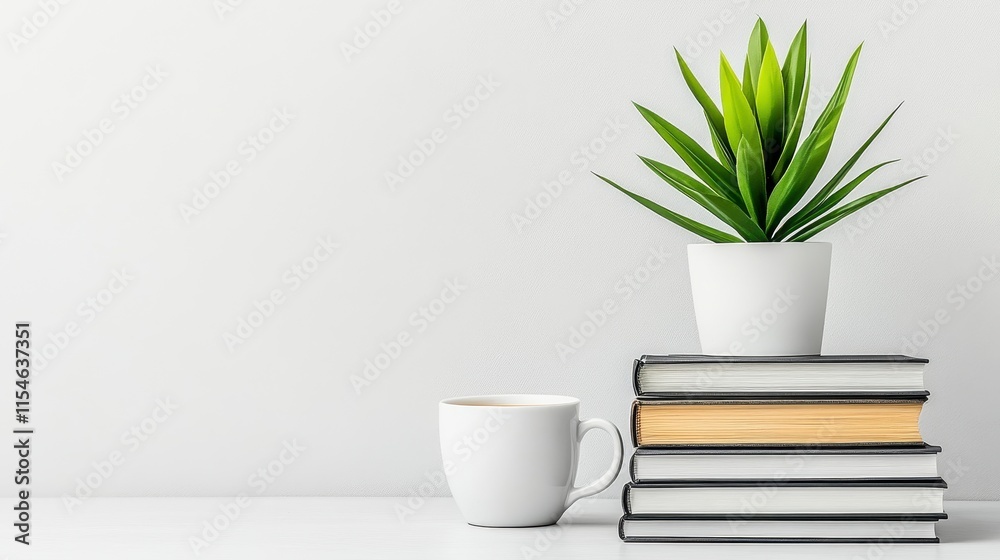 Fototapeta premium A tranquil workspace featuring stacked books, a white cup, and a lush green plant in a minimalist setting
