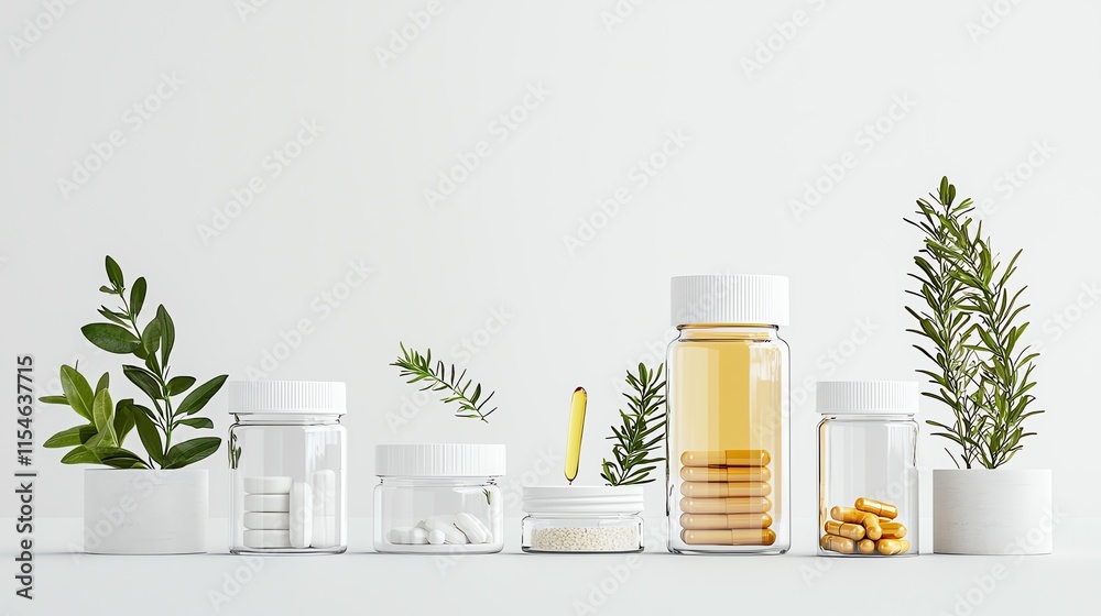 A minimalist setup of unbranded biotin supplements in clear jars, styled with herbal elements A minimalist setup of unbranded biotin supplements in clear jars, styled with herbal elements