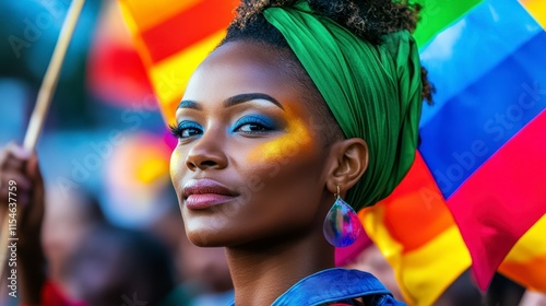 Empowering portrait of a confident woman celebrating diversity at a vibrant festival with colorful flags representing inclusivity photo