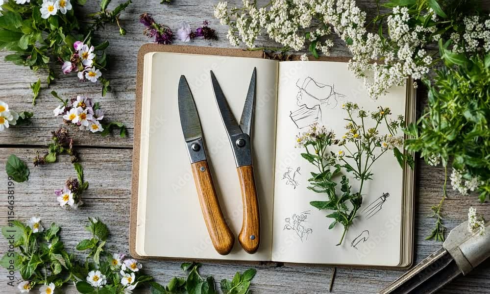 Vintage Garden Tools and Sketchbook Surrounded by Fresh Herbs and Flowers on Rustic Wooden Table, Perfect for Nature and Gardening Themes