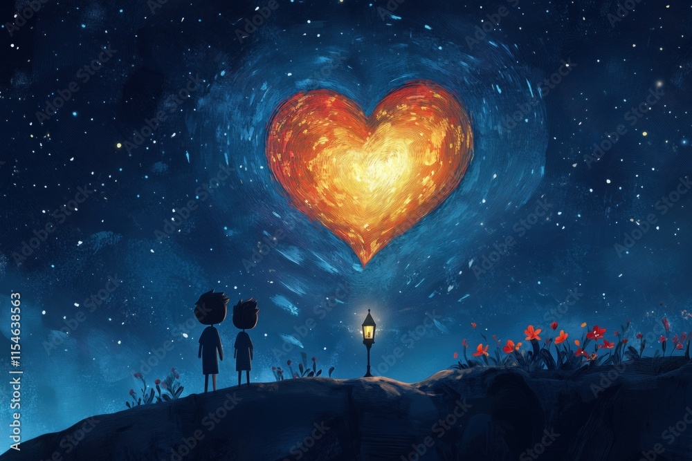 Whimsical illustration of two figures under a starry night sky with a glowing heart-shaped light Whimsical illustration of two figures under a starry night sky with a glowing heart-shaped light
