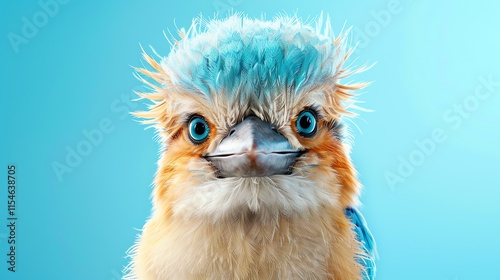 Close-up of a fluffy bird with vibrant blue crest.