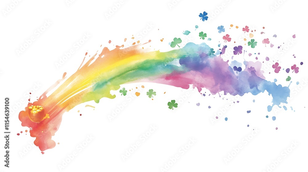 Watercolor rainbow with shamrocks and splatters. Watercolor rainbow with shamrocks and splatters.