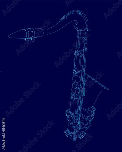 Blue drawing of a saxophone. The saxophone is shown in a stylized way, with the blue and white colors creating a sense of depth and dimension. The drawing conveys a sense of movement