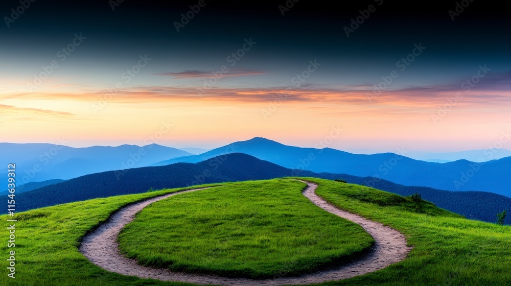 Fototapeta premium A winding path through lush green grass leads towards distant mountains at sunset, showcasing nature's beauty and tranquility.
