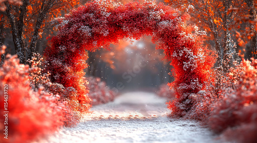 Wallpaper Mural Red floral archway in snowy autumn forest path. Torontodigital.ca