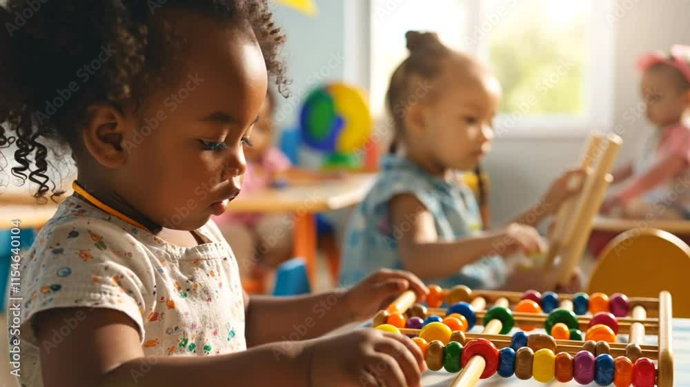 children of different races sit together at the table and count on the abacus