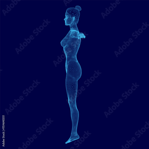Woman is standing in a blue background.