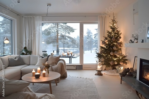 Serene Nordic Living Room with Snowy Outdoor View and Holiday Decor