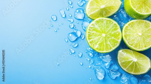 Refreshing lime slices submerged in sparkling water against a vibrant blue backdrop