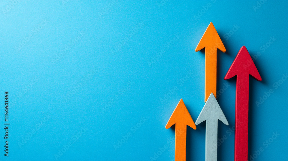 Colorful arrows pointing upward on a bright blue background conveying growth and progress in visual design. Colorful arrows pointing upward on a bright blue background conveying growth and progress in visual design.