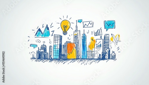 A detailed and artistic handdrawn depiction of business strategy with icons and graphs on a plain white background, emphasizing education and creative planning