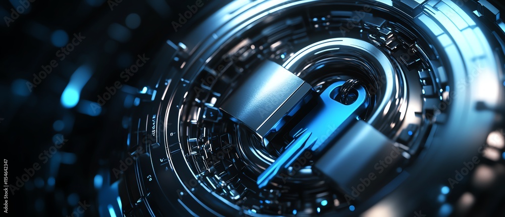 Cyber security visualization with perspective view of a close padlock and blue keys, 3D rendering, dark abstract background, unlock system concept