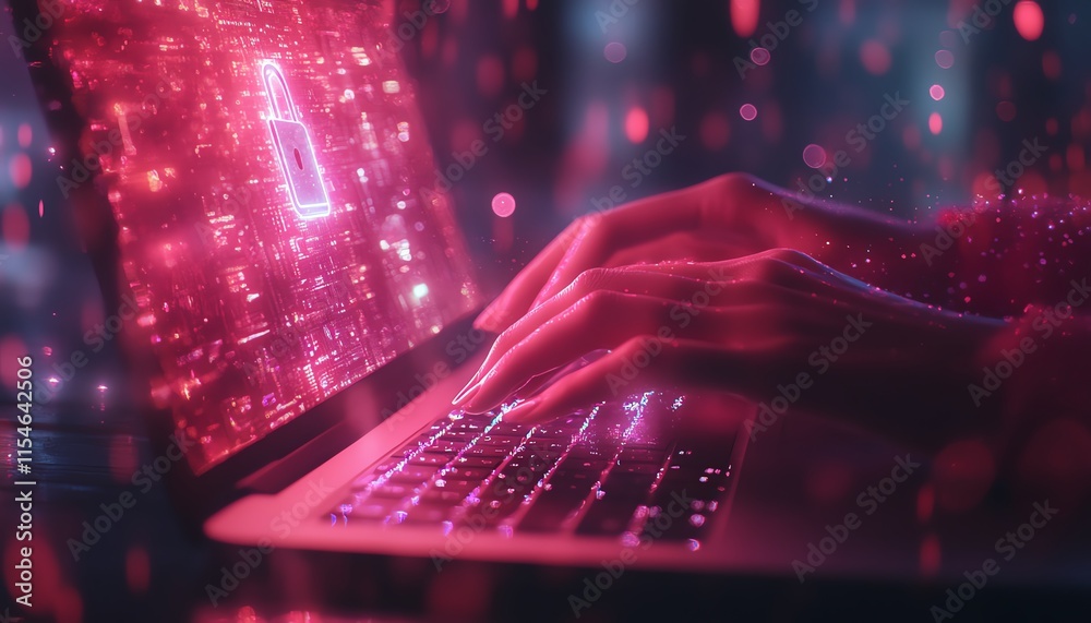 Cybersecurity and Generative AI concept with hands typing on a laptop, digital lock hologram, bokeh lights background Cybersecurity and Generative AI concept with hands typing on a laptop, digital lock hologram, bokeh lights background