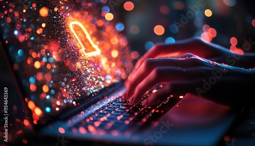 Hands typing on a laptop with digital lock hologram, bokeh lights background, cybersecurity and Generative AI innovation theme photo