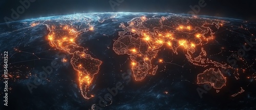 Pixelstyle digital world map with interconnected lines and glowing dots, 3D telecommunication concept on a dark background, modern design photo