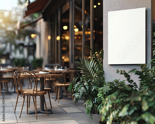 White paper mockup displayed outside a restaurant, featuring a clean and simple design for marketing and business promotions, clear and impactful photo