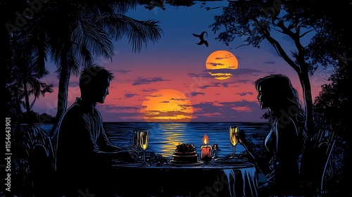 Romantic sunset dinner on tropical beach.