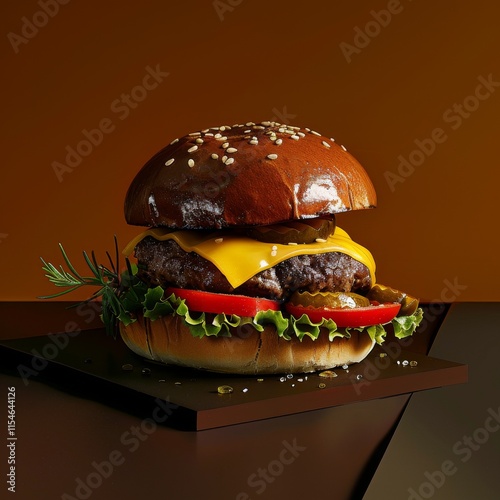 A tasty cheeseburger with lettuce, tomato, onion, and sesame bun, isolated on a white background photo