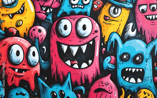 Cartoon monsters and ghosts in abstract graffiti style, handdrawn doodle pattern, filled with strange beings and lively, energetic lines photo