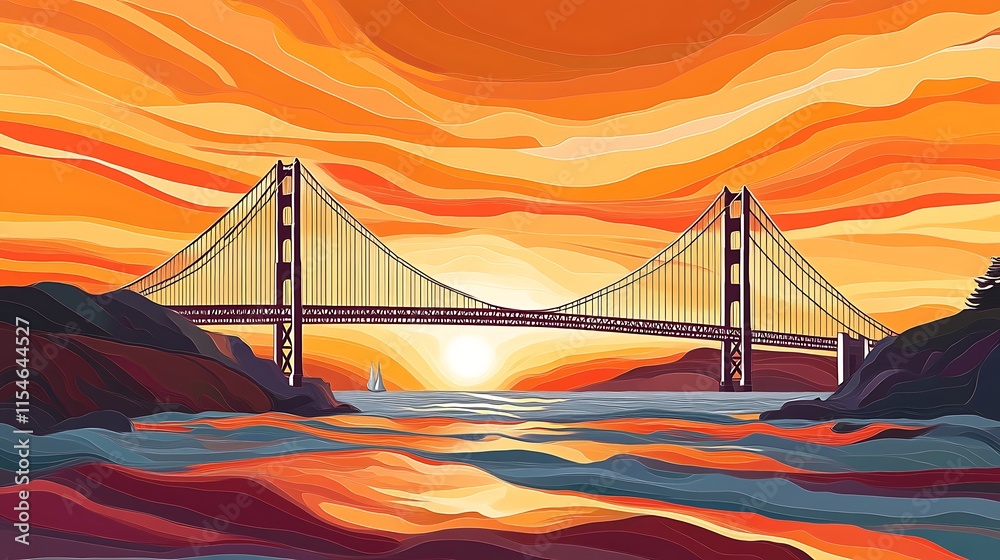 Obraz premium Vibrant Sunset Over the Iconic Golden Gate Bridge in Bold Colors