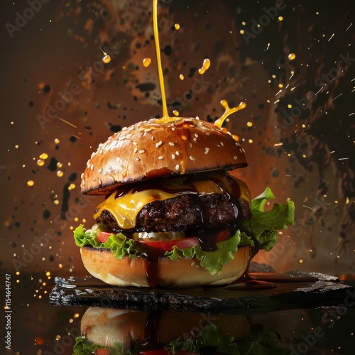 A tasty cheeseburger with lettuce, tomato, onion, and sesame bun, isolated on a white background photo