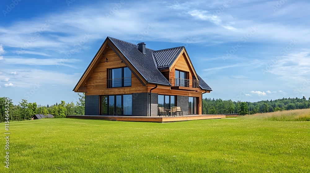Modern Wooden House on a Green Field. Concept of Rural Living, Home, and Architecture. Modern Wooden House on a Green Field. Concept of Rural Living, Home, and Architecture.