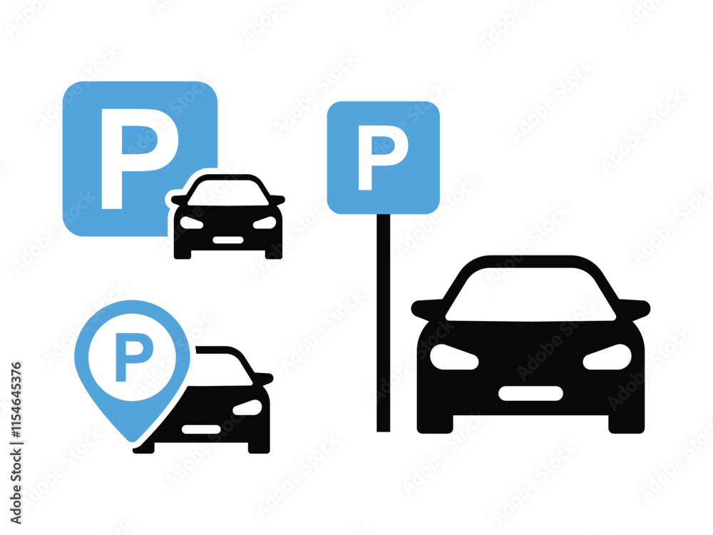 Car parking icon set. Public parking and parking location symbol. Car parking icon set. Public parking and parking location symbol.