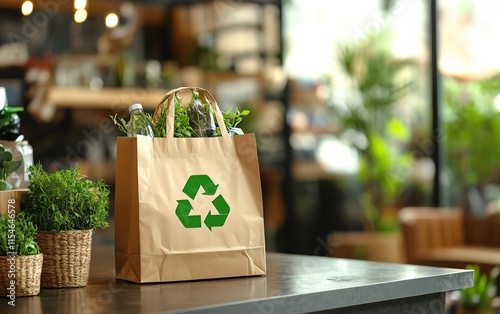 100 recyclable and reusable brown paper bag with green recycling symbol, symbolizing ecofriendly packaging and environmental safety photo