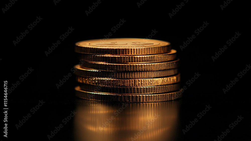 Stacked gold coins reflecting light against a dark background in an artistic display. Stacked gold coins reflecting light against a dark background in an artistic display.