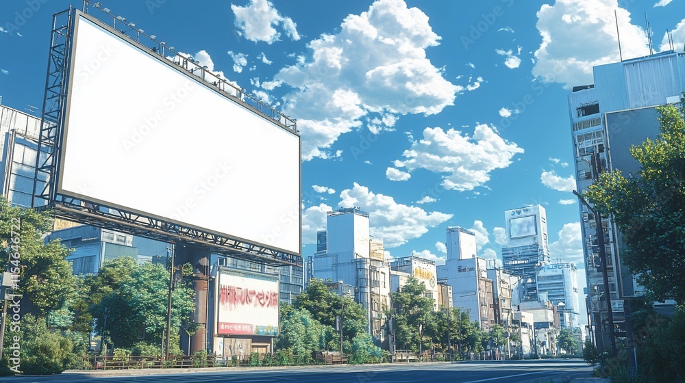 Obraz premium Blank Billboard in a Vibrant Anime-Style Cityscape