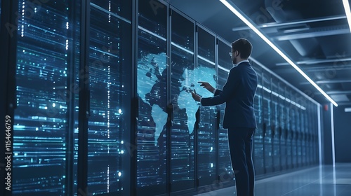 IT Analyst Examining Data in Server Room with Digital Displays