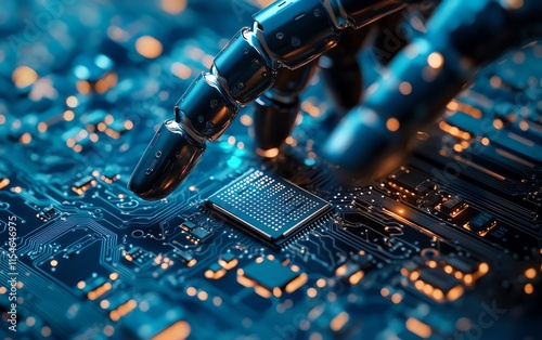 Closeup of a robotic finger touching a computer chip, showcasing detailed circuits and futuristic technology, representing the future of digital innovation photo