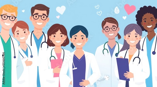 A group of cheerful healthcare professionals in white coats, promoting teamwork and care.