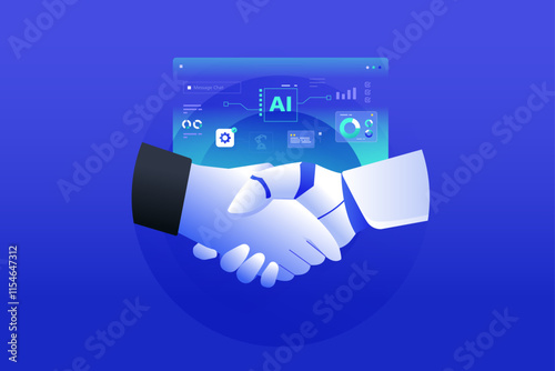 Ai Robot Handshake Collaboration, Future of Digital data application and platform dashboard, 
human partnership with artificial intelligence