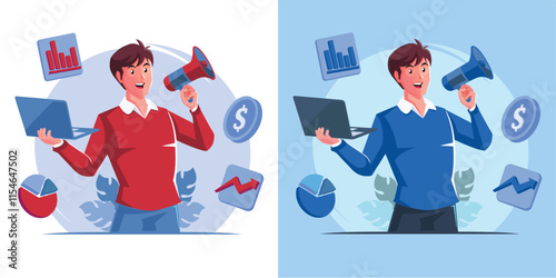 A vibrant business illustration vector featuring a man multitasking with a laptop, megaphone, and financial graphs. Perfect for marketing, communication, data analytics, or business presentations.