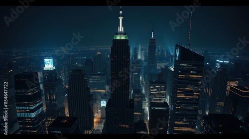 A nighttime cityscape featuring illuminated skyscrapers and a prominent tower.