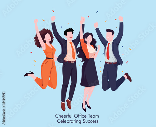 Illustration vector of a group of cheerful office workers celebrating success, jumping with joy and confetti in the air. Perfect for teamwork, business achievement, and celebration themes