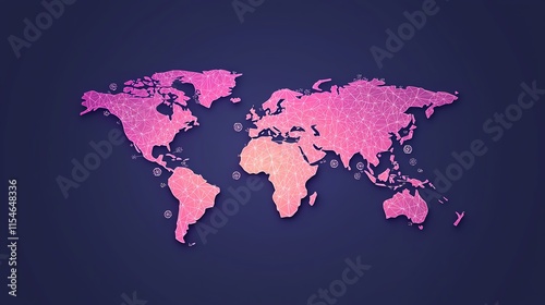A shimmering pink world map on a dark background, illustrating global connections and creativity.