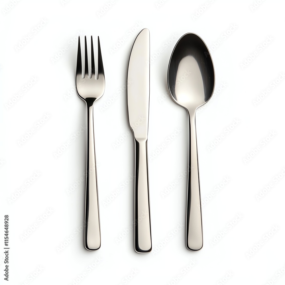 A sleek set of stainless steel cutlery featuring a fork, knife, and spoon, ideal for dining and culinary presentations. A sleek set of stainless steel cutlery featuring a fork, knife, and spoon, ideal for dining and culinary presentations.