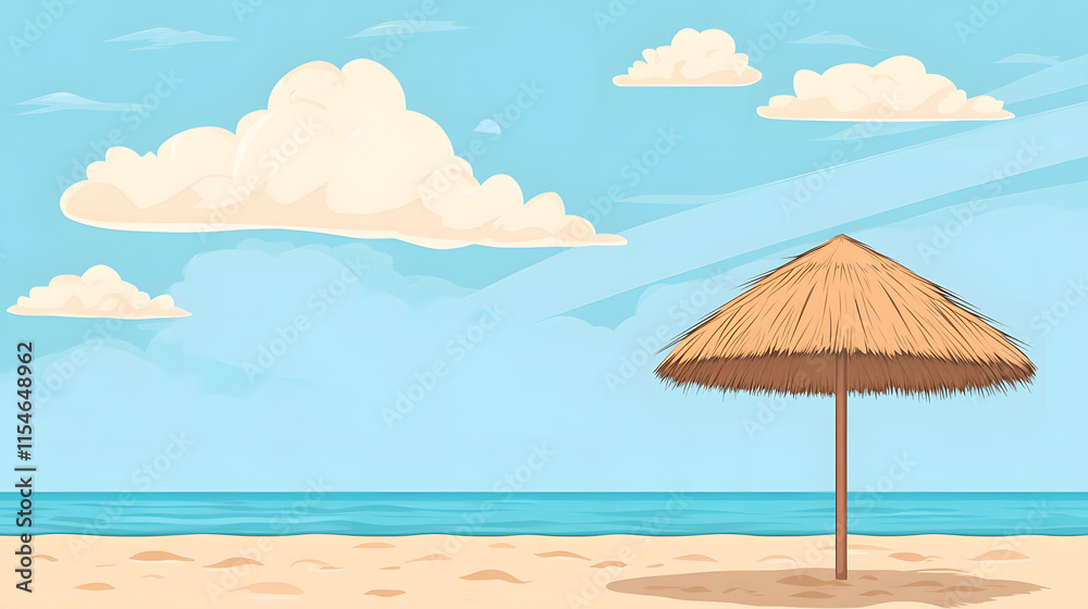 serene tropical beach scene featuring thatched umbrella, soft sand, and gentle waves under bright blue sky with fluffy clouds. Perfect for relaxation and vacation vibes serene tropical beach scene featuring thatched umbrella, soft sand, and gentle waves under bright blue sky with fluffy clouds. Perfect for relaxation and vacation vibes