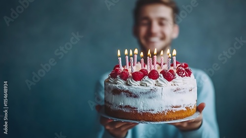 Man holding birthday cake with candles and raspberries.