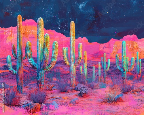 Brightly colored surreal cacti with intricate textures, a rocky desert scene blending creativity and bold design elements photo