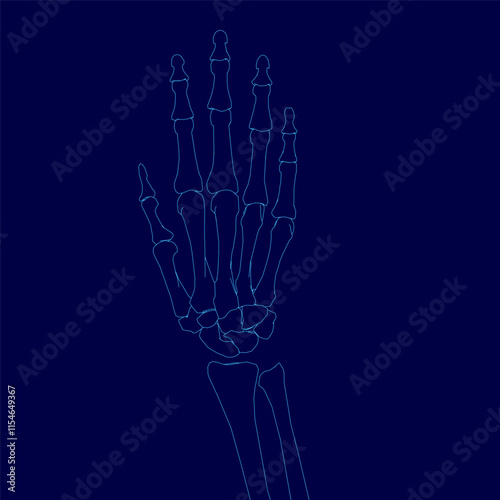 Blue hand with a skeleton in the background. The skeleton is in the background of the image and the hand is in the foreground