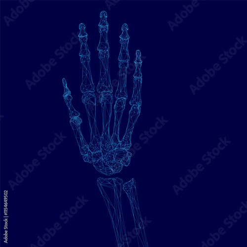 Blue hand with a skeleton in the background. The skeleton is in the background of the image and the hand is in the foreground