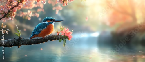 beautiful kingfisher on a branch above clear water, colorful feathers, tranquil river background, delicate nature scene photo