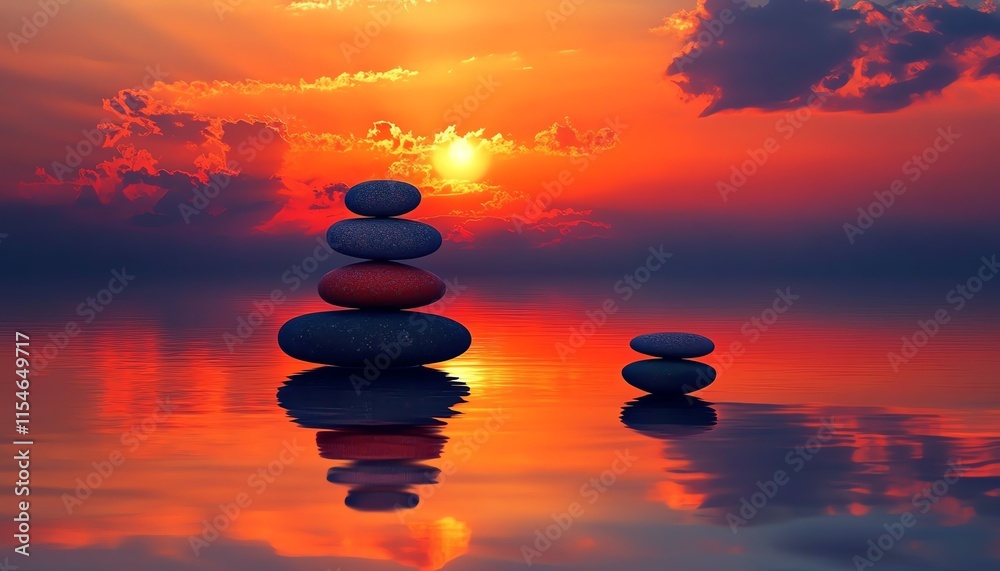 Serene sunrise with golden hues on a beach, stacked colorful stones reflecting balance, peace, and wellness inspiration Serene sunrise with golden hues on a beach, stacked colorful stones reflecting balance, peace, and wellness inspiration